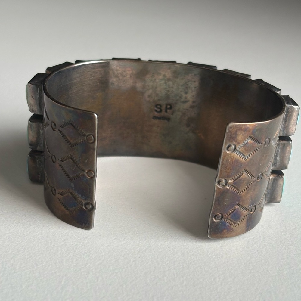 Sterling Silver Zuni Mid Century Mod Square Turquoise Petit Point Row Grid Cuff - Picture 9 of 15